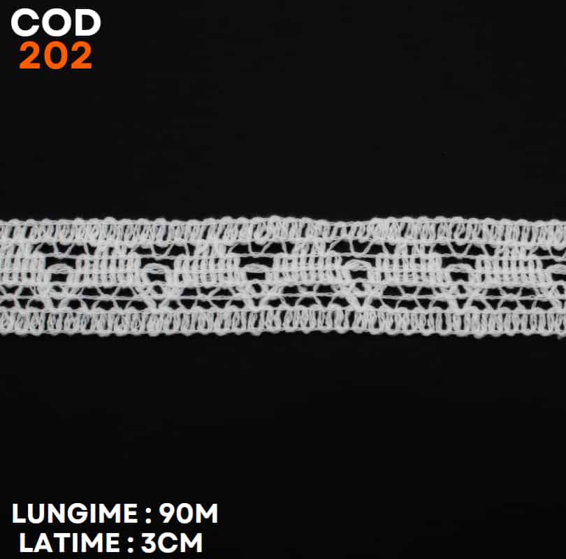 Dantela bumbac cod 202 este o dantela fină ce poate fi folosita pentru a decora bluze, fuste, rochii, lenjerie, etc. Este potrivită, de asemenea, pentru a coase pe fețele de masă și a covorașelor sau pentru confecționarea îngerilor.