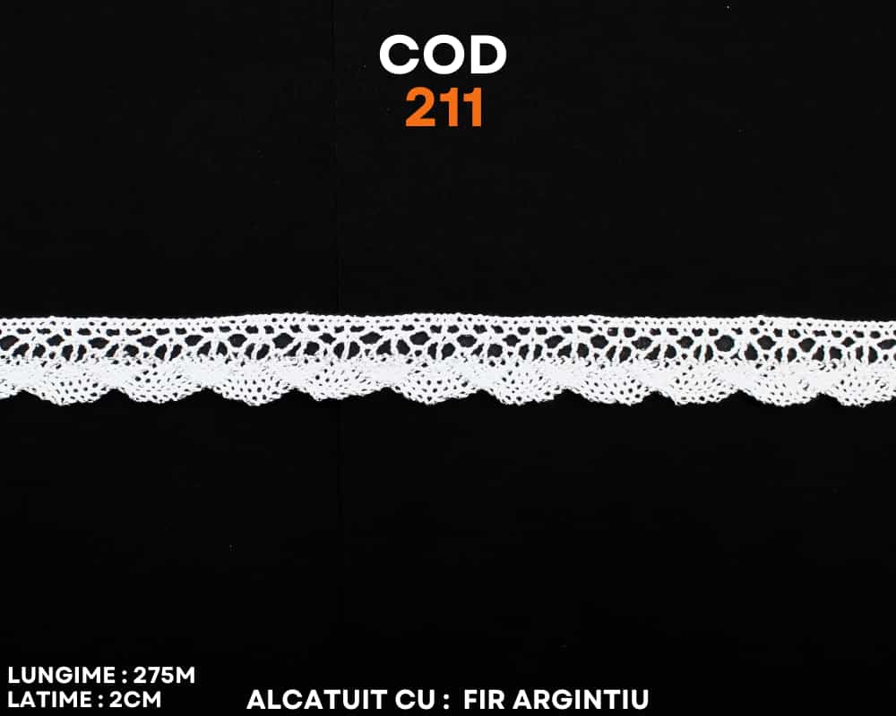 Dantela bumbac cod 211 este o dantela fină ce poate fi folosita pentru a decora bluze, fuste, rochii, lenjerie, etc. Este potrivită, de asemenea, pentru a coase pe fețele de masă și a covorașelor sau pentru confecționarea îngerilor.