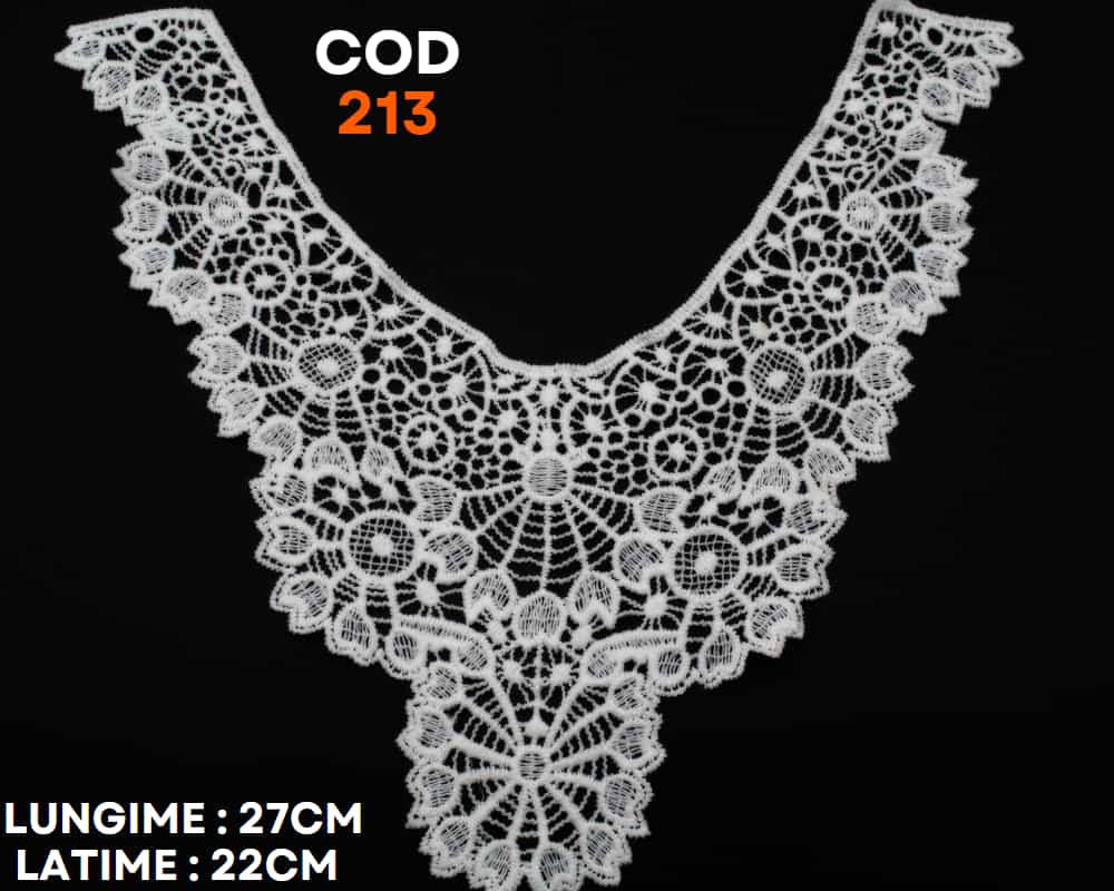 Guler cod 213 este o dantela fină ce poate fi folosita pentru a decora bluze, rochii, etc. Guler din bumbac , model nou , se poate coase manual la diferite tinute de zi sau de seara . Potrivit pentru reconditionarea hainelor