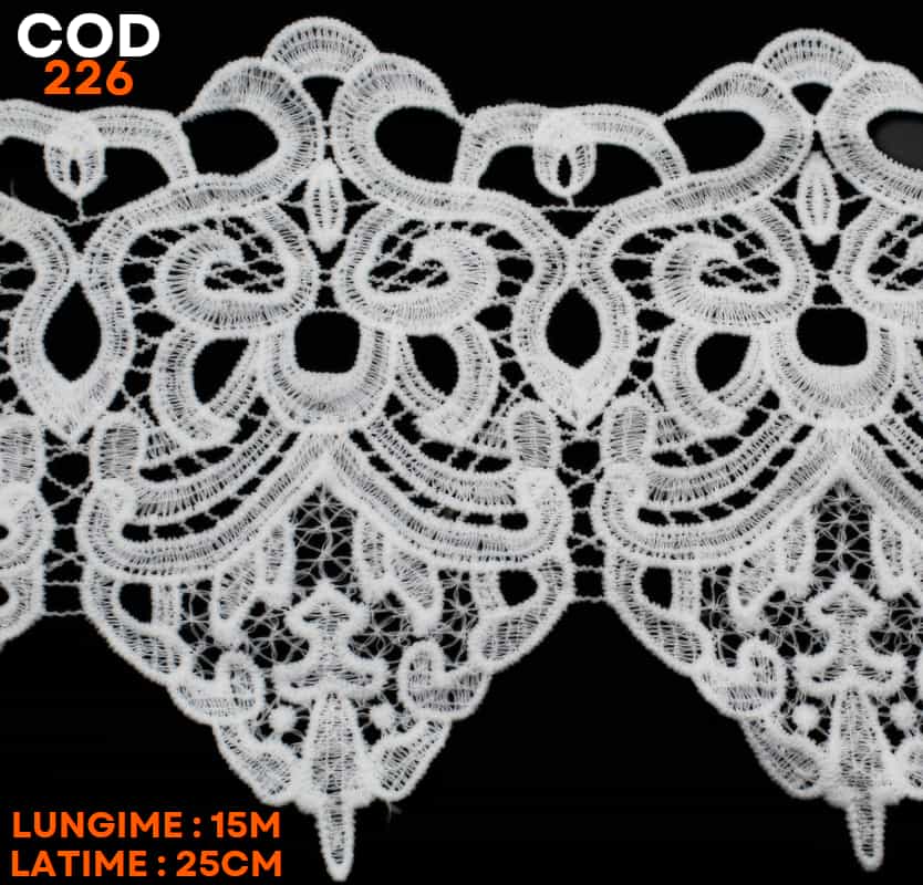 Dantela bumbac cod 226 este o dantela fină ce poate fi folosita pentru a decora bluze, fuste, rochii, lenjerie, etc. Este potrivită, de asemenea, pentru a coase pe fețele de masă și a covorașelor sau pentru confecționarea îngerilor.